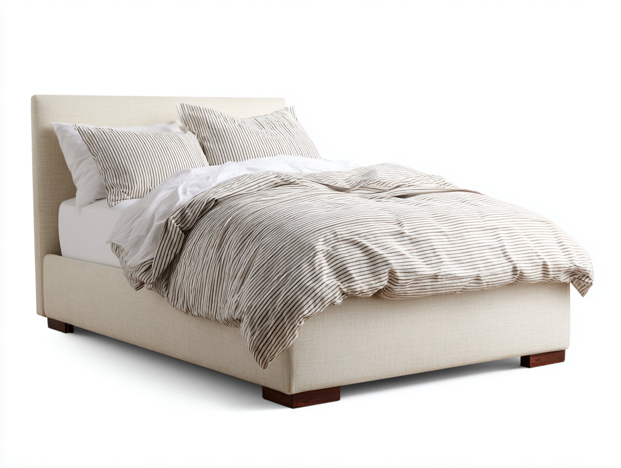 Lit double - tissu-bois - 208x168x100 cm - beige - contemporain