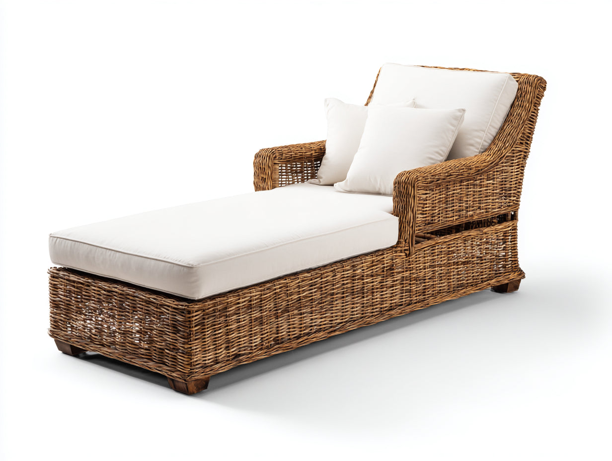 Bain de soleil - rotin - tissu - 195x78x86 cm - miel naturel-blanc crème - style bohème