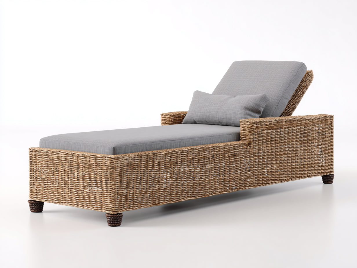 Bain de soleil - rotin-tissu - 208x79x86 cm - naturel-gris - style contemporain