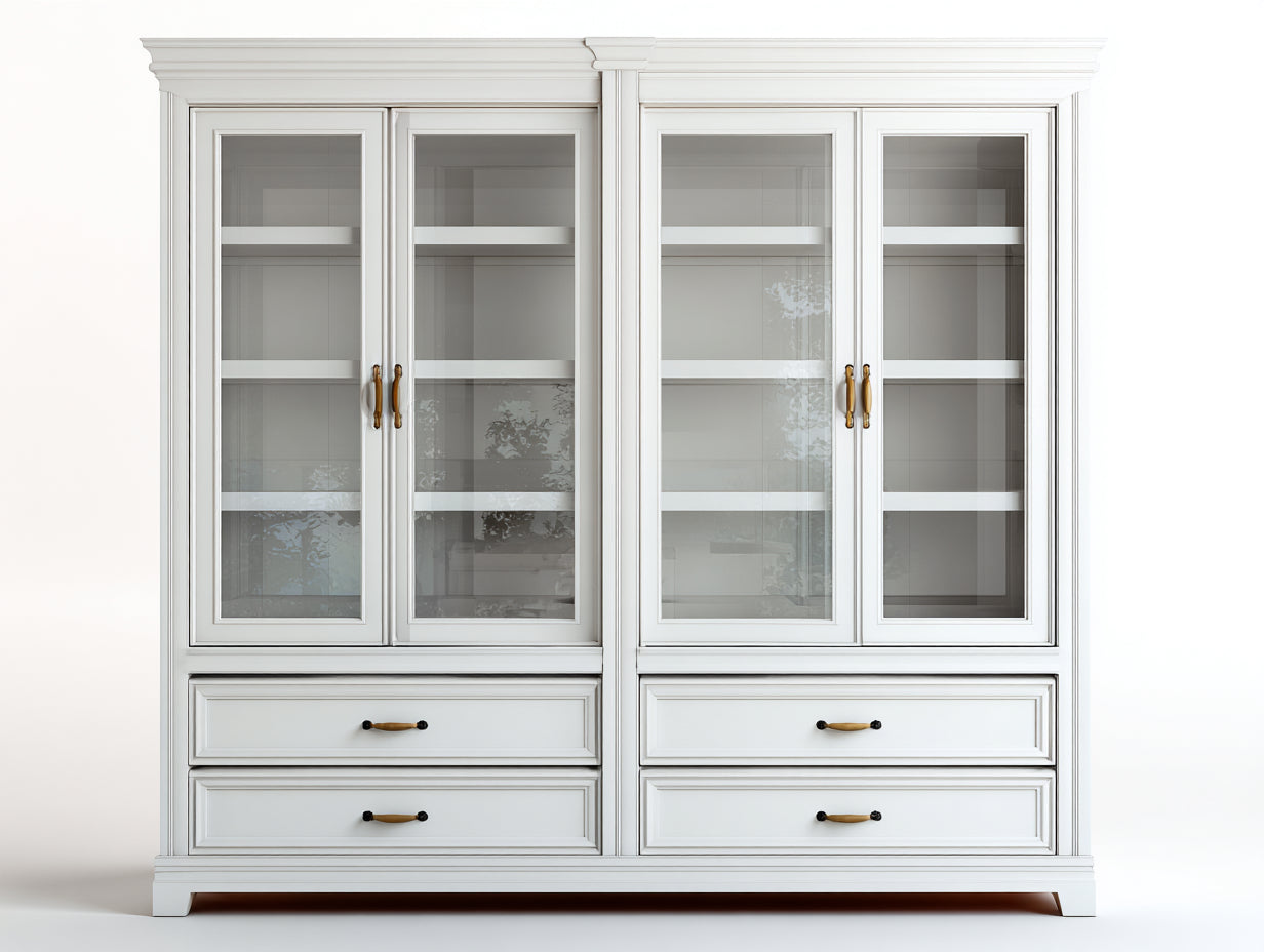 Vitrine - bois - verre - métal - 180x45x205 cm - blanc cassé-verre transparent - style classique