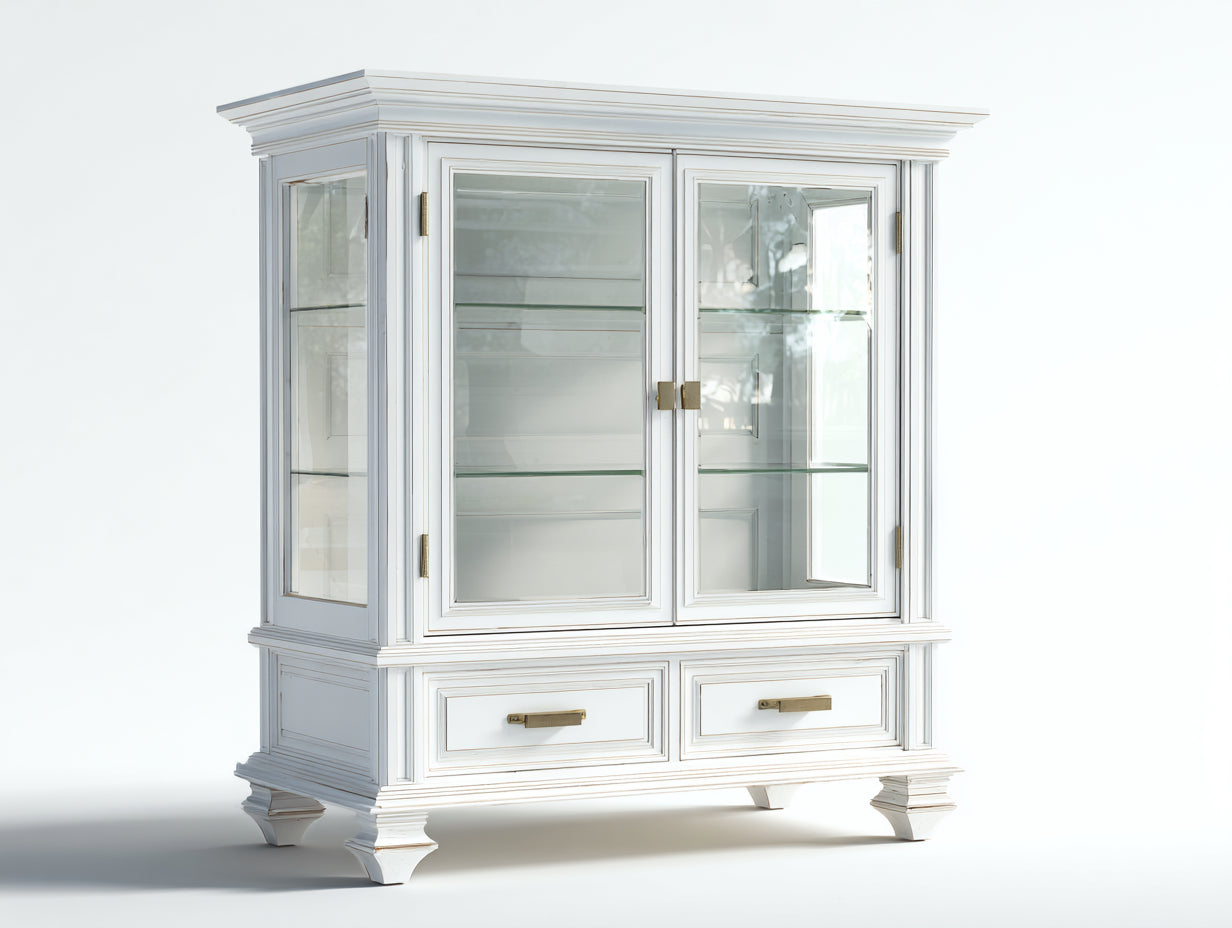 Vitrine - bois - verre - métal - 125x48x175 cm - blanc- verre transparent - style campagne chic