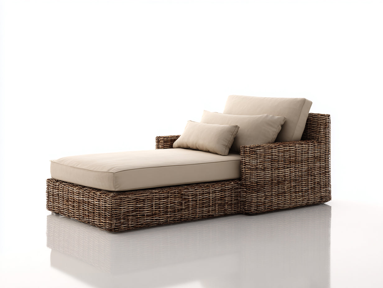 Bain de soleil - rotin-tissu - 208x78x84 cm - brun fonce-beige - style contemporain
