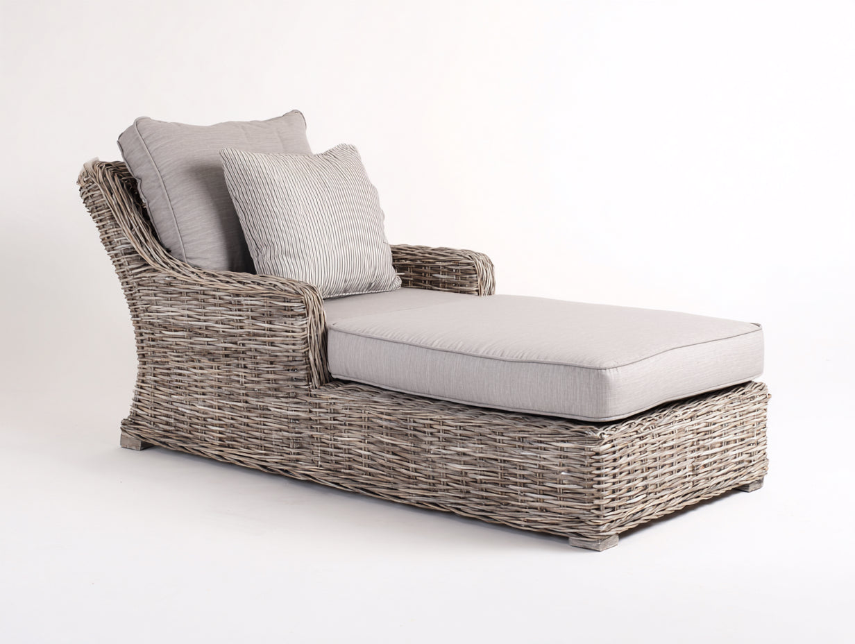 Bain de soleil - rotin-tissu - 204x78x85 cm - gris naturel-beige - style campagne chic