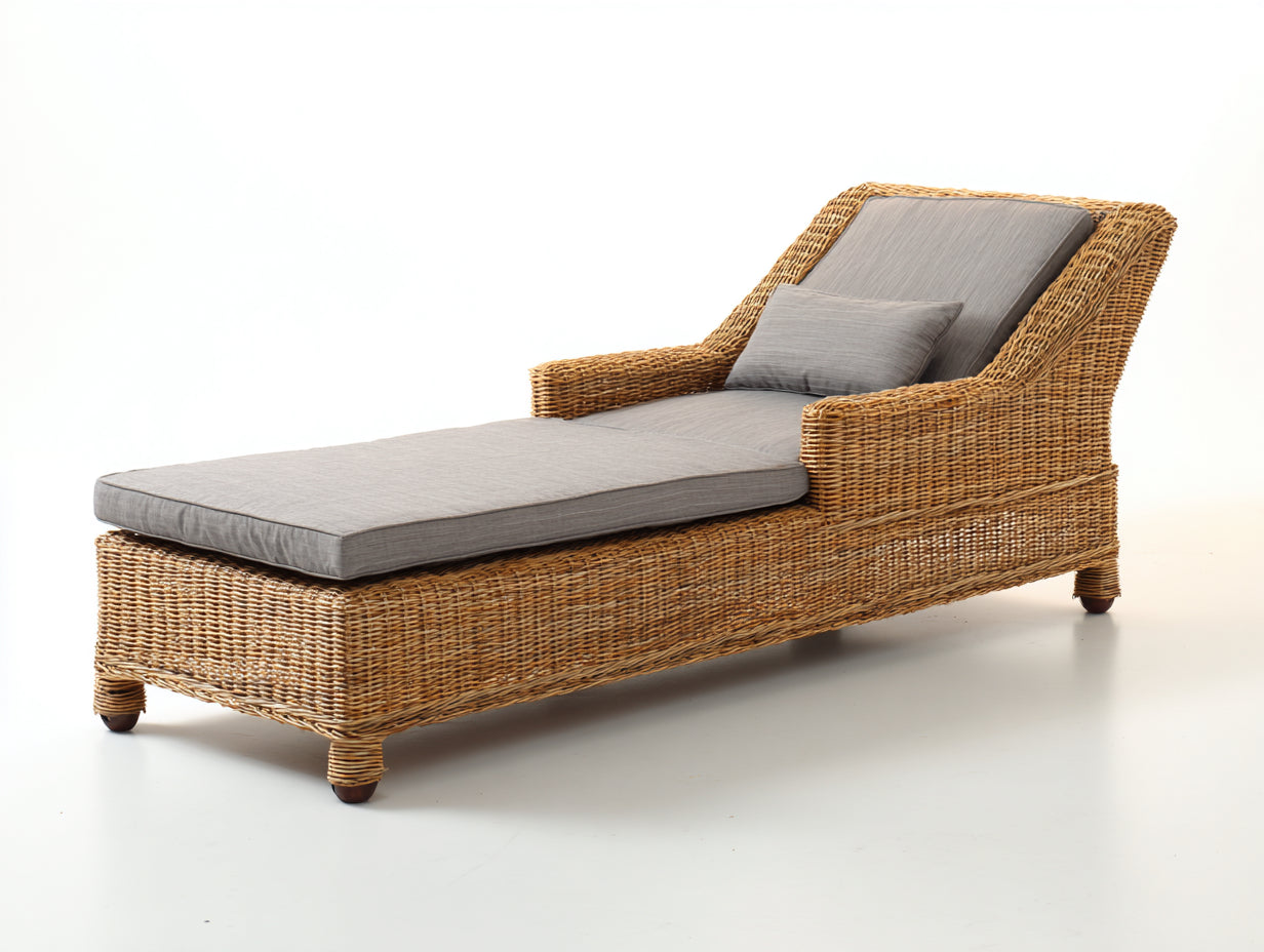 Bain de soleil - rotin-tissu - 210x76x88 cm - miel-gris clair - style naturel