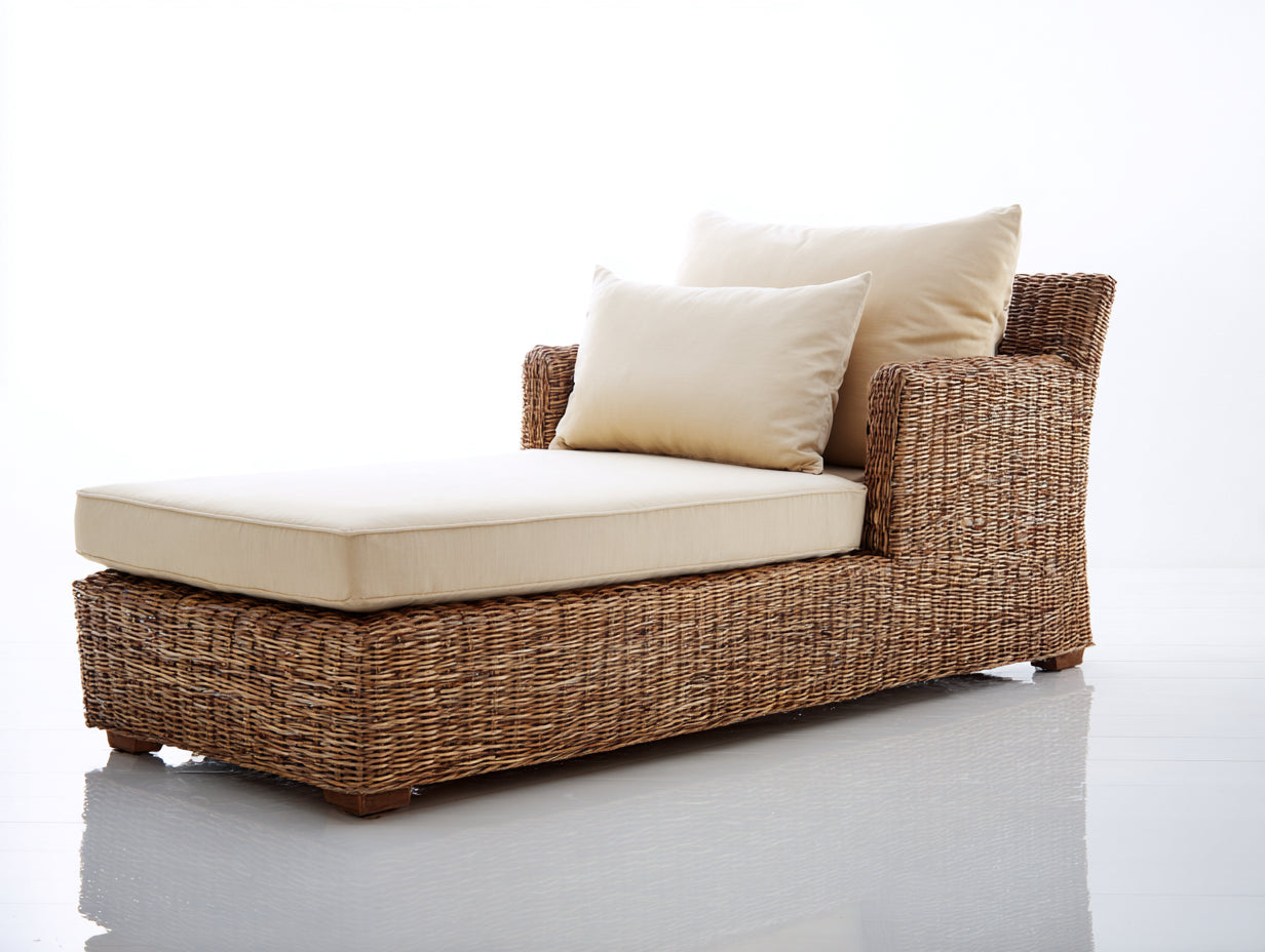 Bain de soleil - rotin-tissu - 203x76x83 cm - brun naturel-creme - style campagne chic