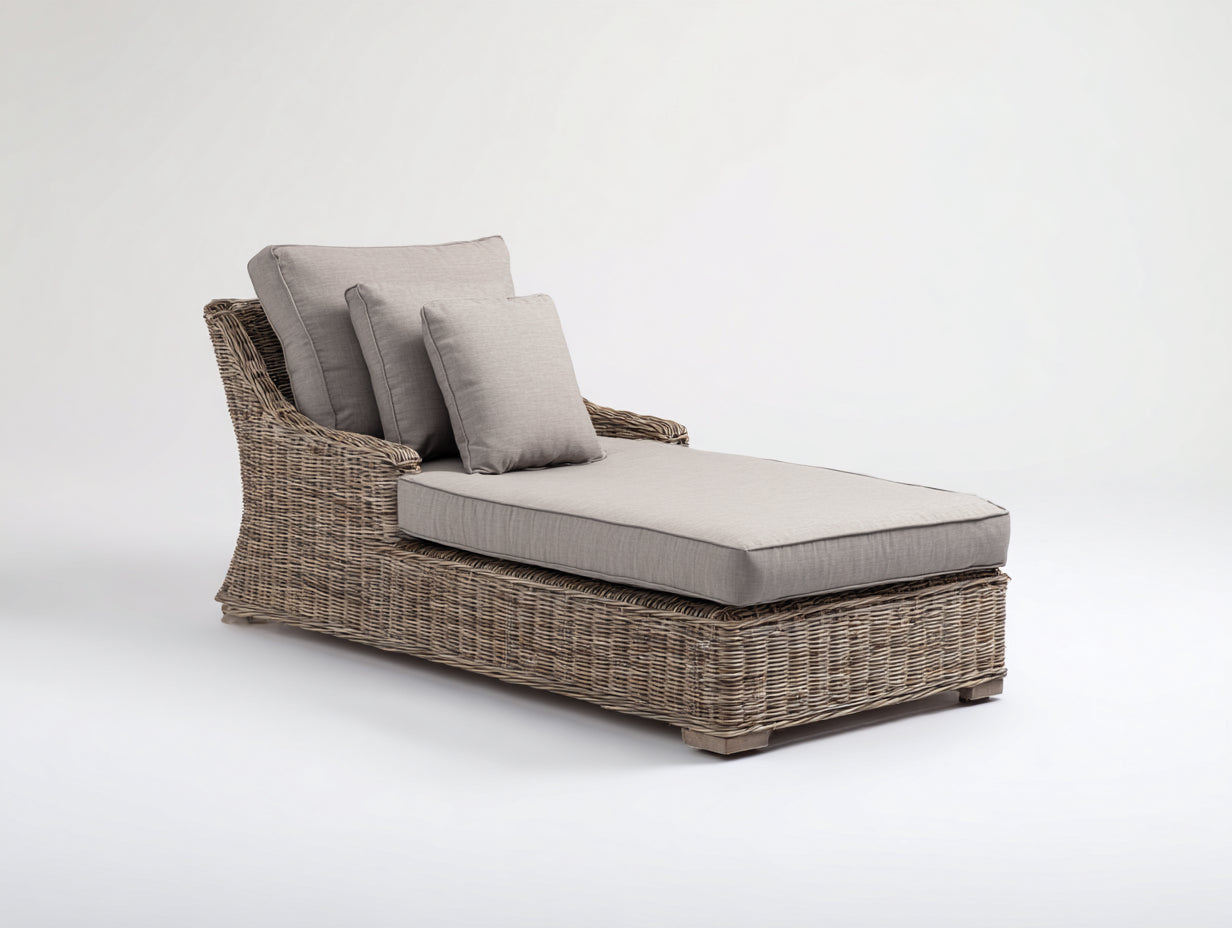 Bain de soleil - rotin-tissu - 200x75x82 cm - gris naturel-beige - style naturel