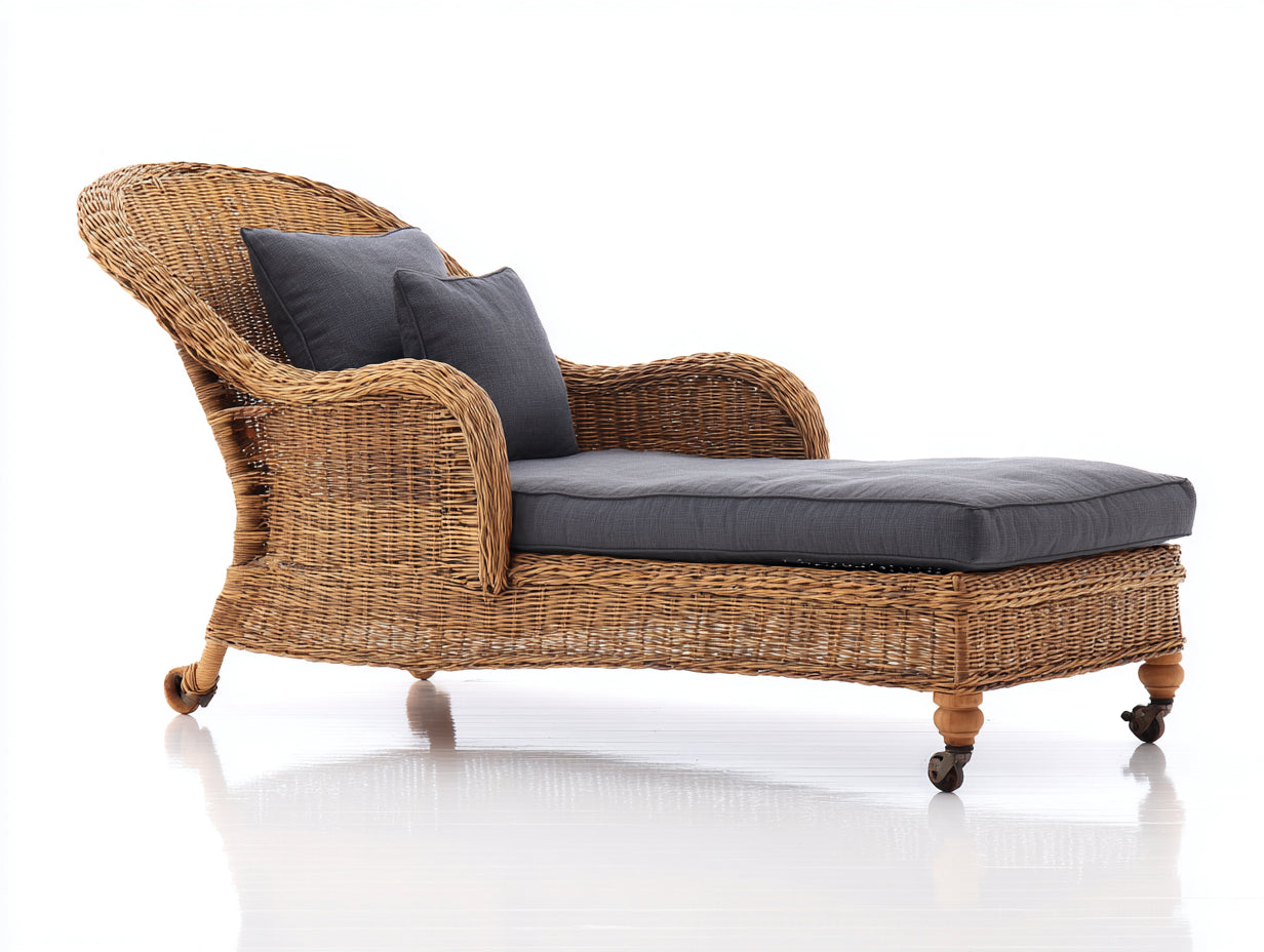 Bain de soleil - rotin-tissu-bois - 210x79x96 cm - miel-gris anthracite - style colonial
