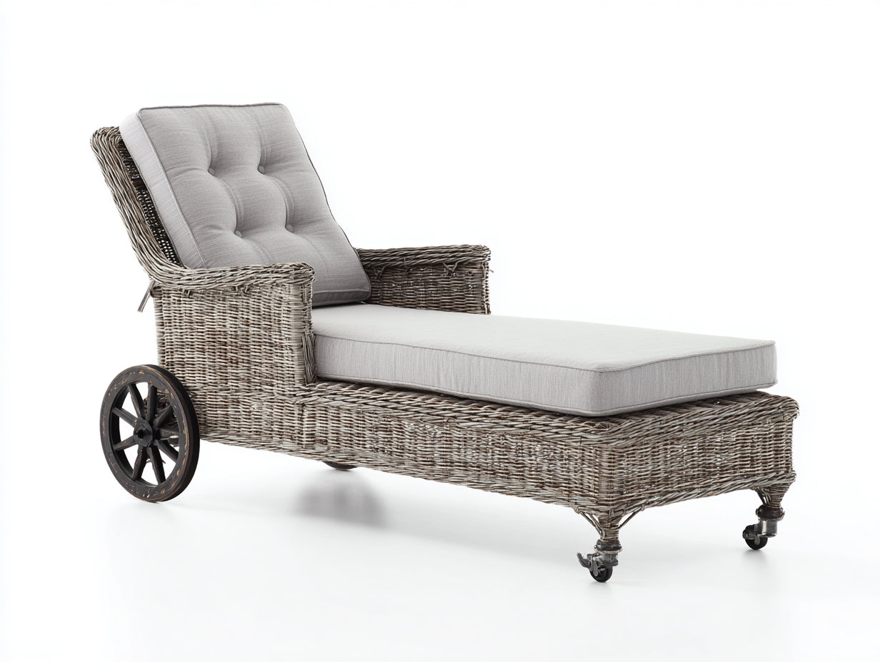 Bain de soleil - rotin - tissu - 203x76x92 cm - gris naturel-gris clair - style campagne